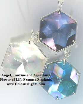 Aqua Aura Crystal, Tanzine Aura Crystal, Angel Aura Crystal Pranava Activated  Flower of Life Pendants
