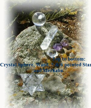 Top to bottom:



Crystal Sphere, Wand, 5 & 6 pointed Stars,



 and Merkaba
